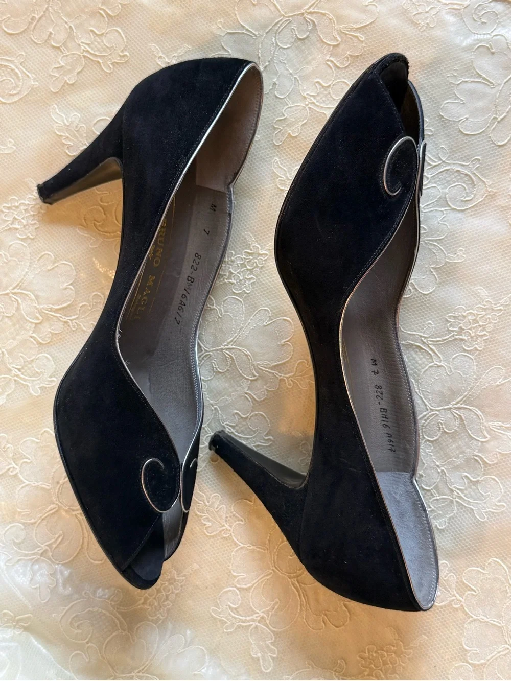Bruno Magli Black Suede Peep-Toe Pumps with Silver Trim